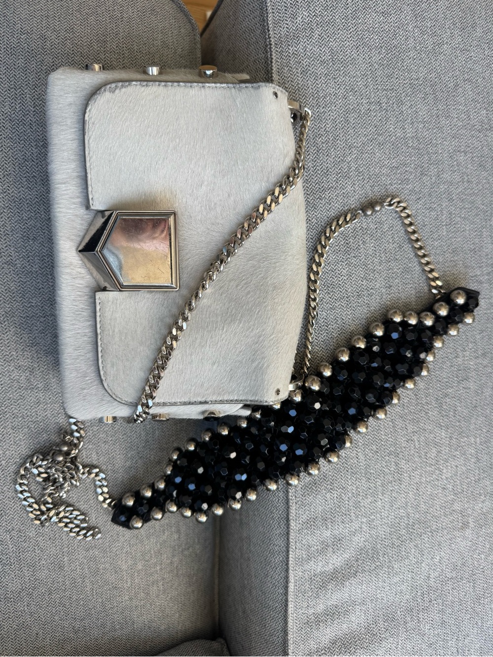 Unique Jimmy Choo Grey Haircalf Crossbody with Silver and Beaded Hardware